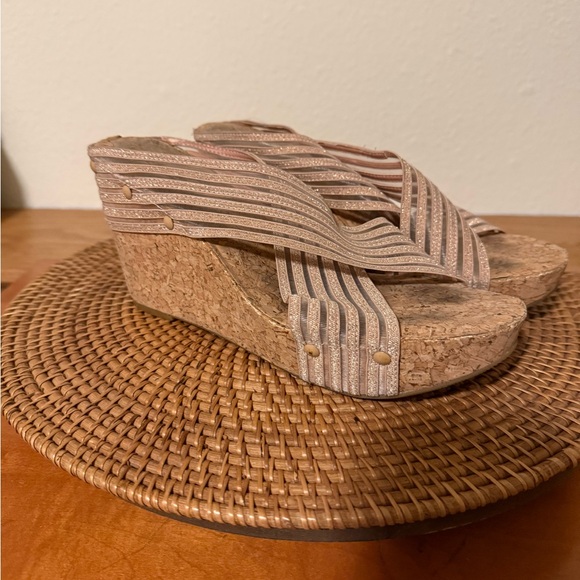 Lucky Brand Shoes - Lucky Brand‎ Tan Glitter Striped Cork Wedge Sandals